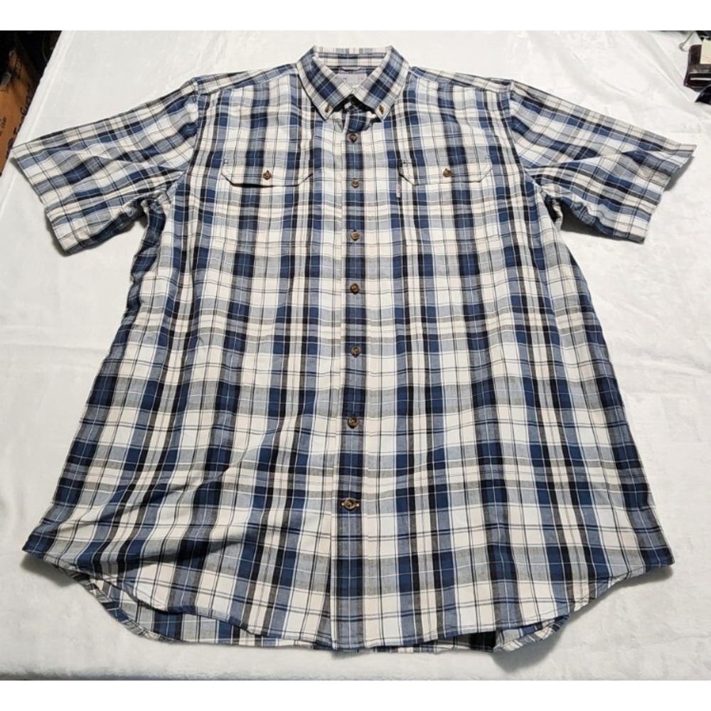 Carhartt Men's 2XL Tall Relaxed Fit Button-Down Plaid Shirt‎ Blue White Cotton